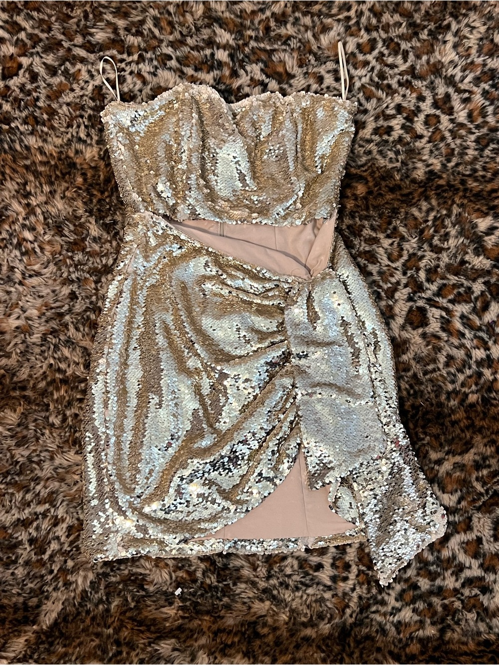 Luxxel Silver Sequin Draped Strapless Mini Dress